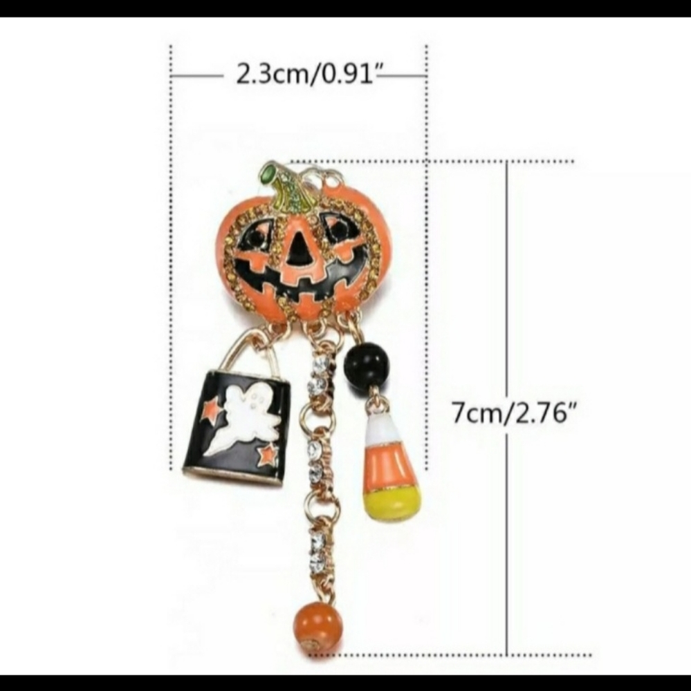 Orange Jack-o-lantern Halloween Candy Rhinestone Dangle Drop Stud Earrings - Picture 11 of 11